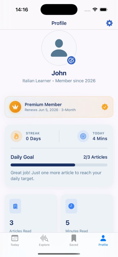 TreLivelli Profile screen with reading stats and daily goal progress