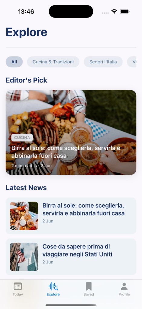 TreLivelli Explore screen with curated Italian articles
