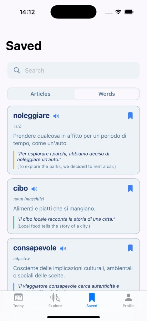 TreLivelli Saved Words screen with vocabulary cards and audio