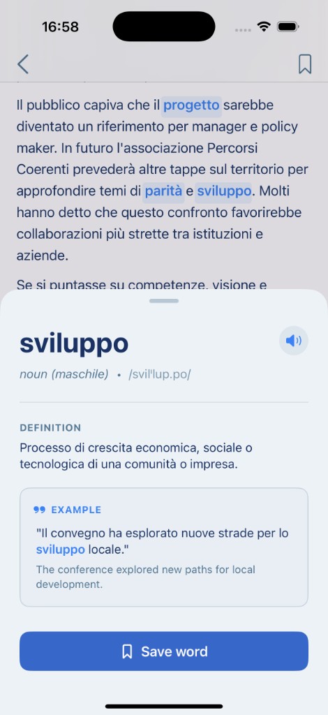 TreLivelli word lookup sheet with definition and save option