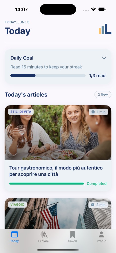 TreLivelli Today screen showing daily reading articles